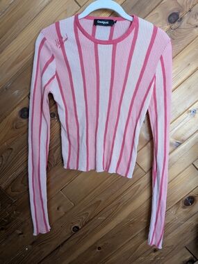Desigual Pink Vertical Stripe Ribbed Knit Top Embroidered "Life is Awesome" S